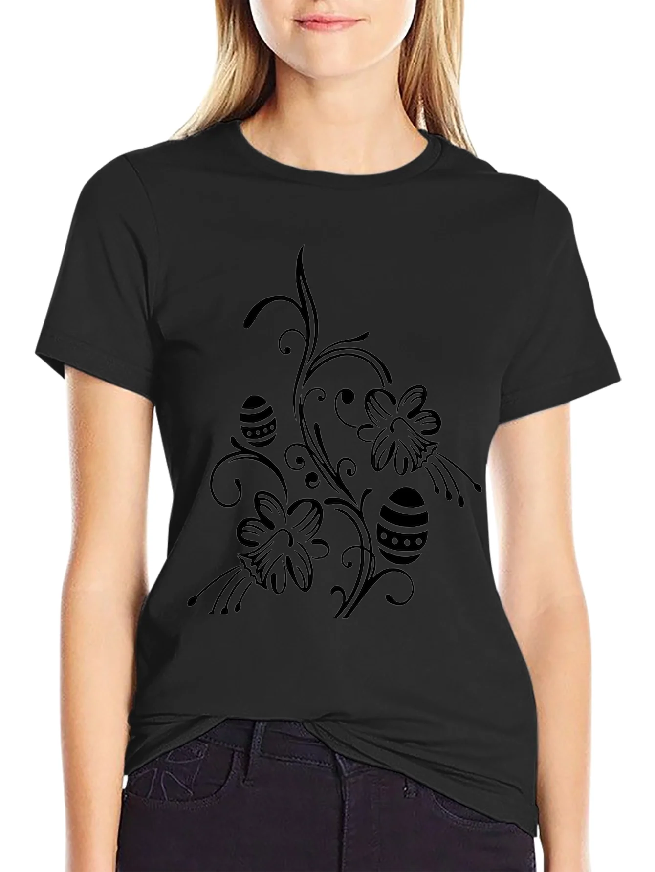 Floral Easter Egg Print Black T-Shirt