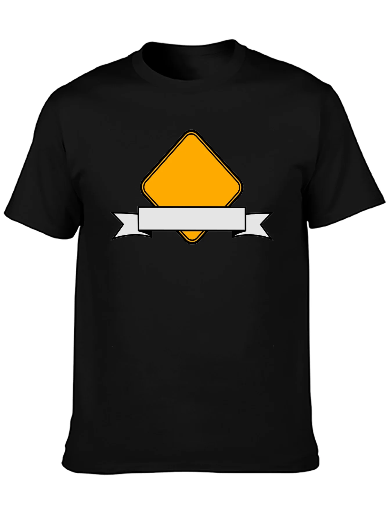 Modern Black T-Shirt with Yellow Diamond and Ribbon Design