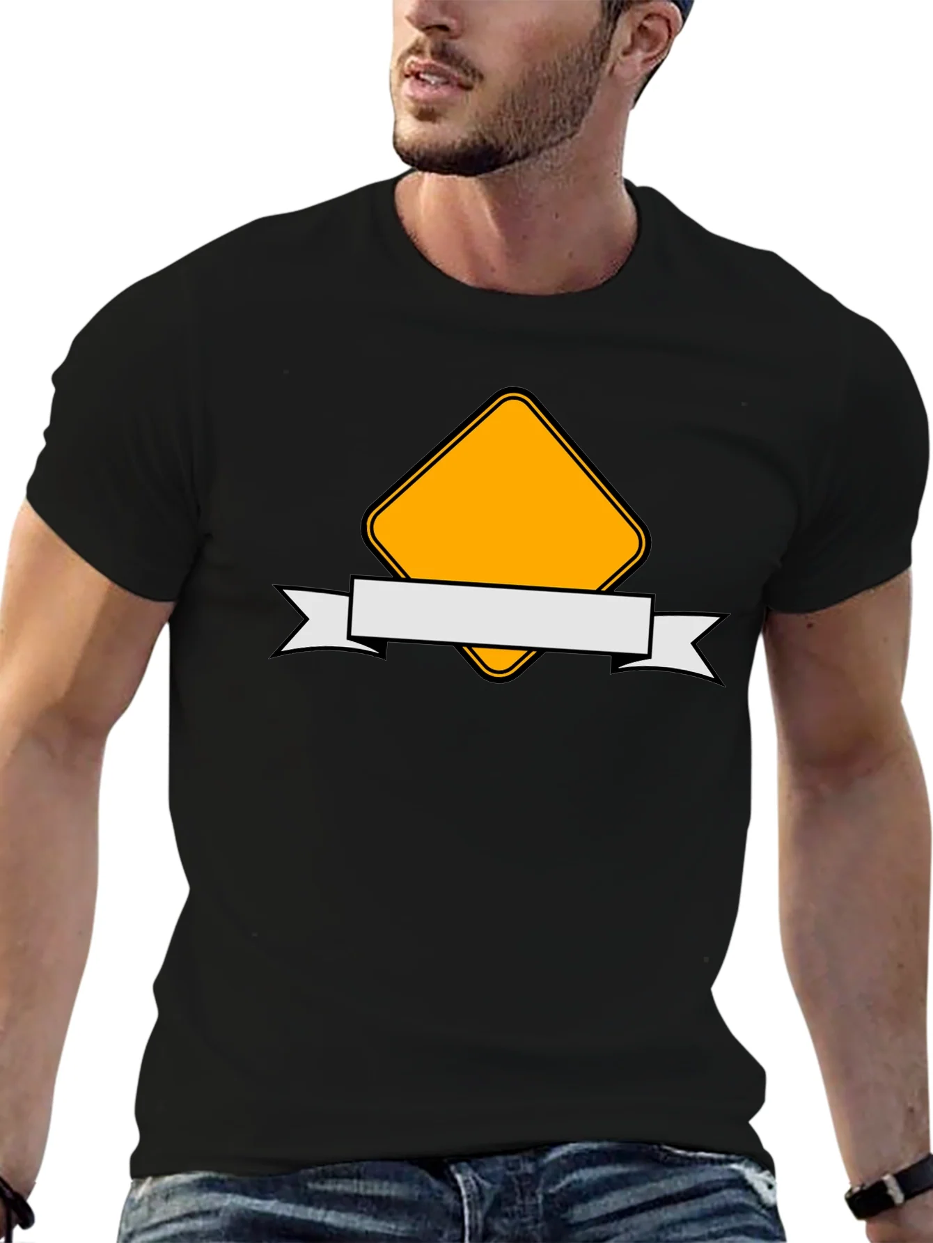 Modern Black T-Shirt with Yellow Diamond and Ribbon Design