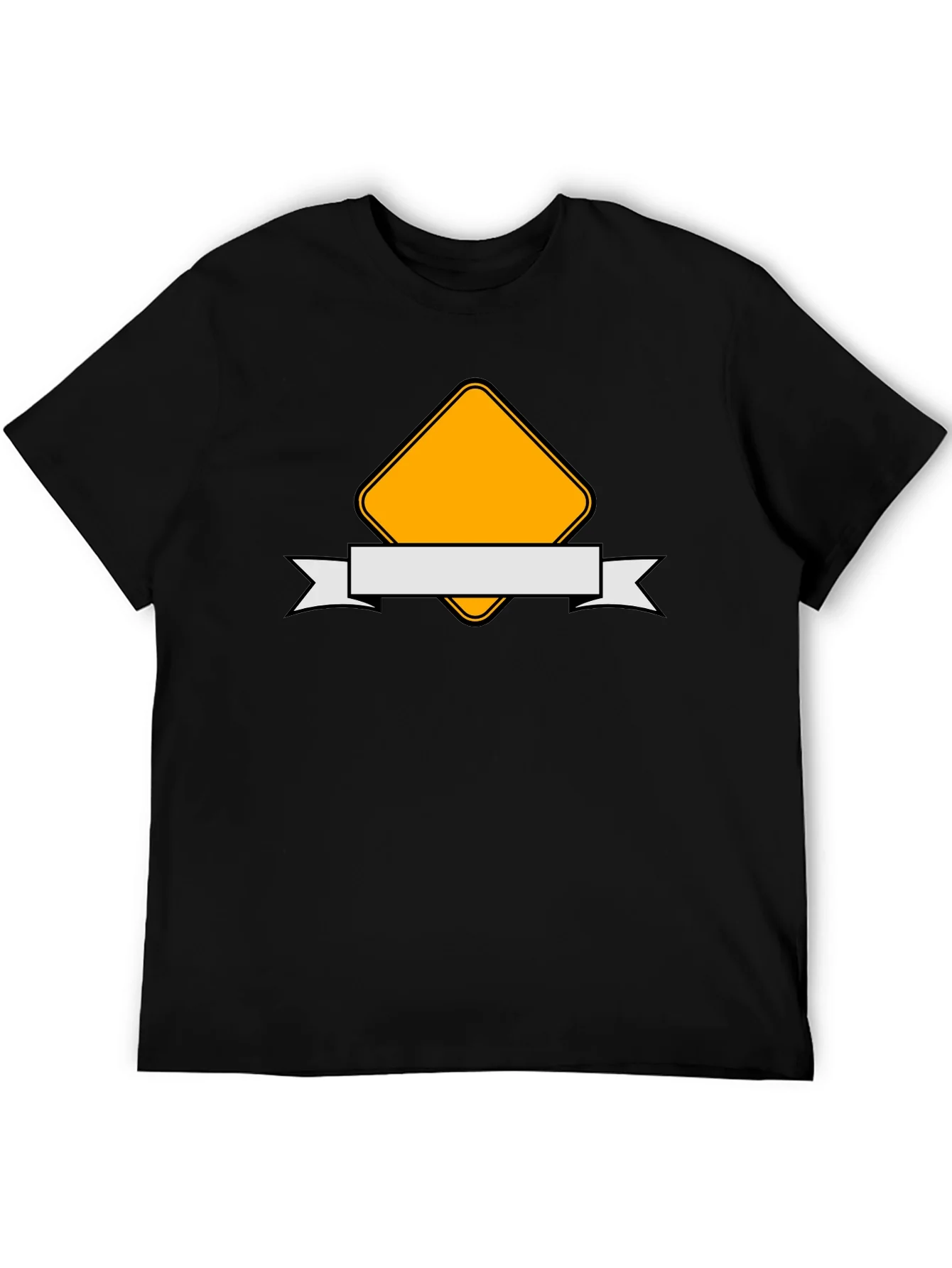 Modern Black T-Shirt with Yellow Diamond and Ribbon Design