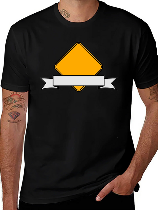 Modern Black T-Shirt with Yellow Diamond and Ribbon Design