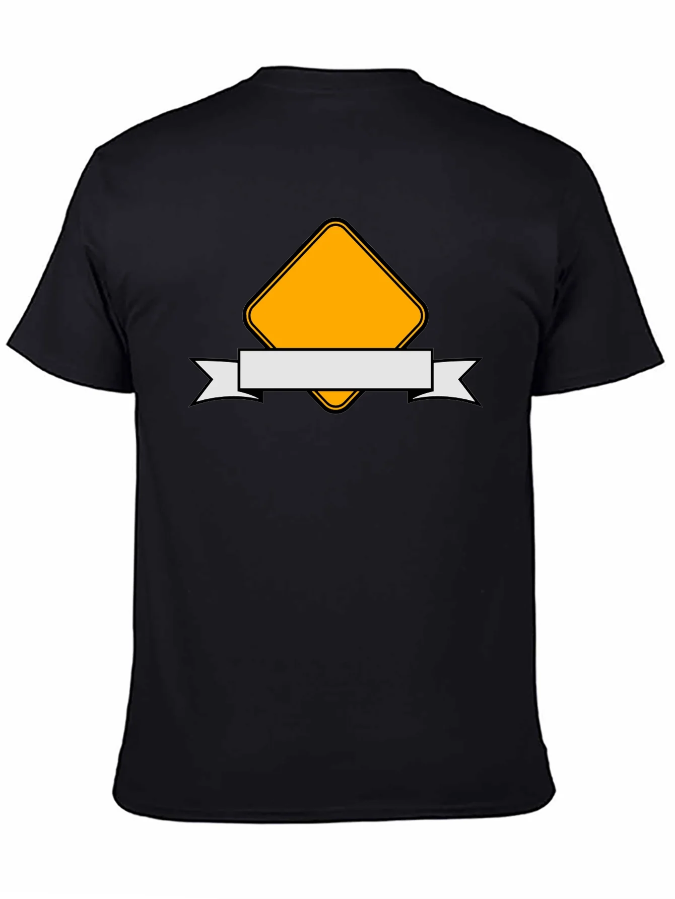 Modern Black T-Shirt with Yellow Diamond and Ribbon Design