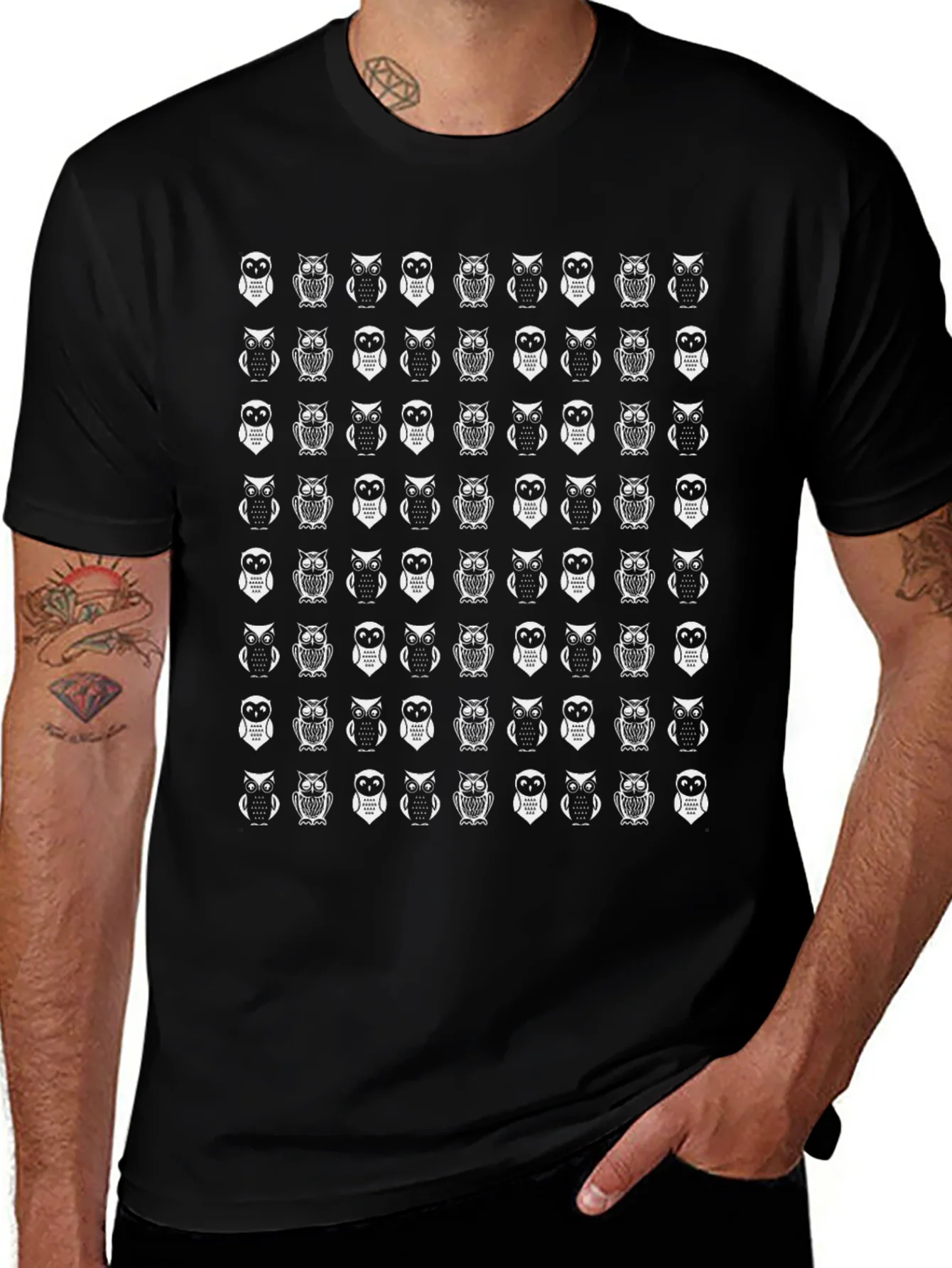 Owl Pattern Black T-Shirt