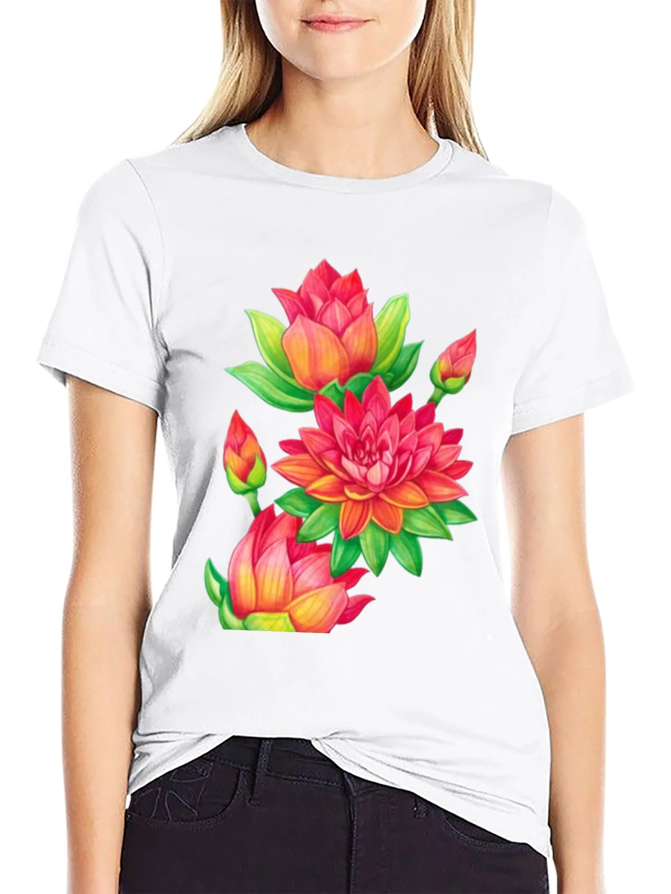 Floral Lotus Print Black T-Shirt