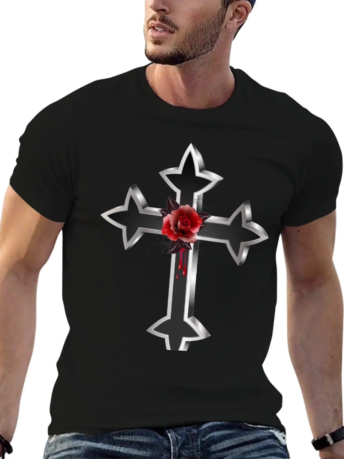 Gothic Cross & Rose Graphic Tee