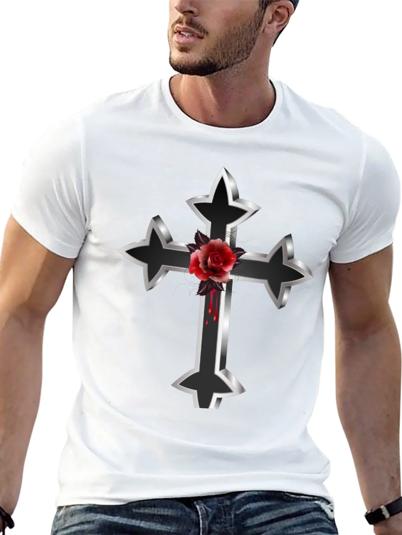 Gothic Cross & Rose Graphic Tee