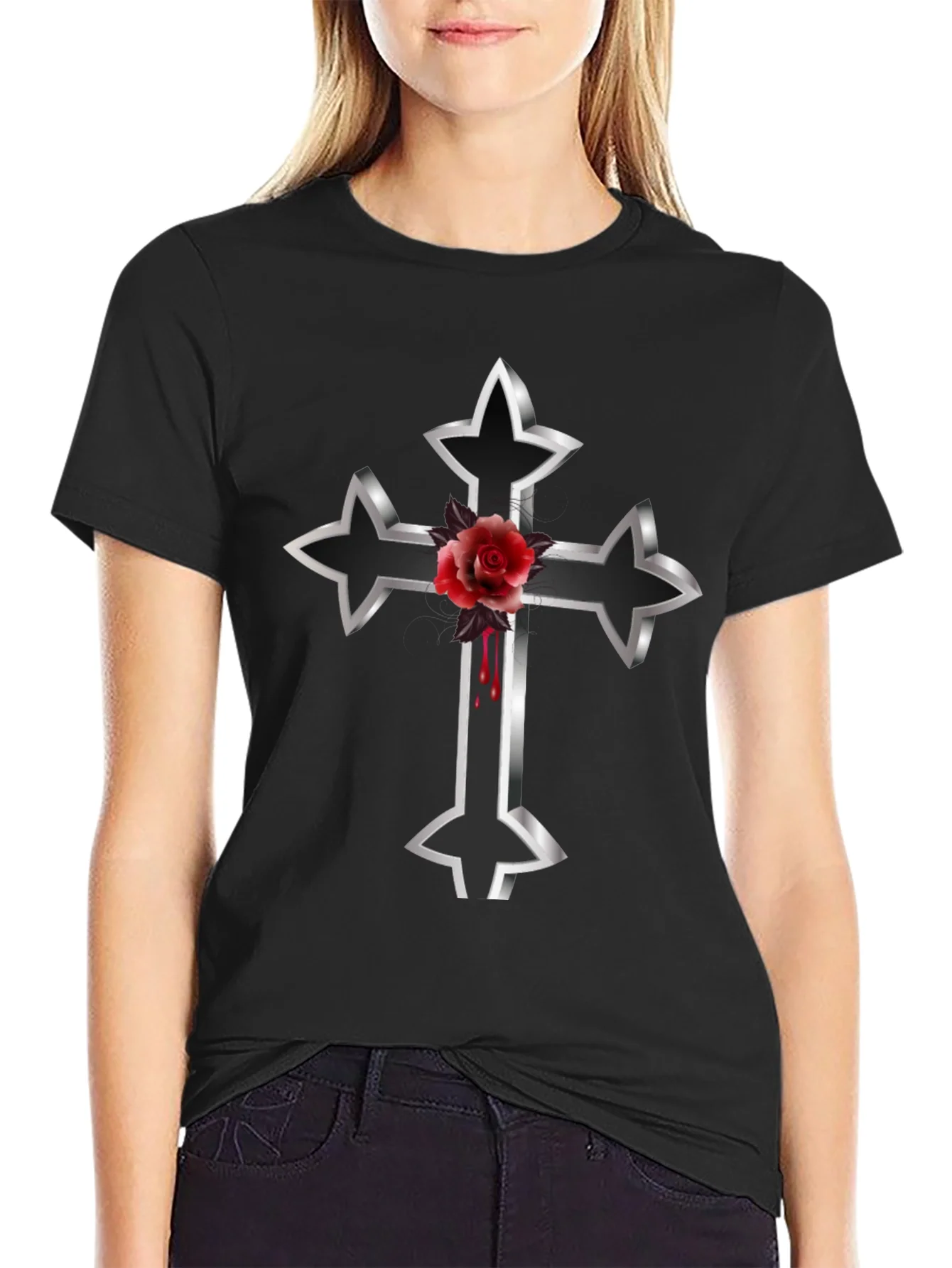 Gothic Cross & Rose Graphic Tee