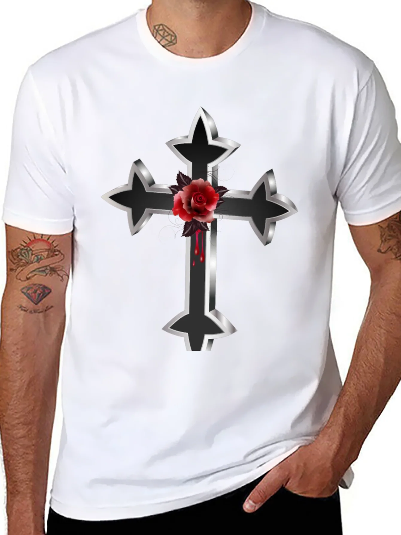 Gothic Cross & Rose Graphic Tee